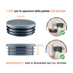 Tappo rotondo in plastica colore Antracite, Tappo di chiusura Antracite per tubo rotondo da 1 1/2" con dimensioni tecniche e guida alla misurazione corretta del tappo di chiusura in plastica.