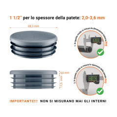 Tappo rotondo in plastica colore Antracite, Tappo di chiusura Antracite per tubo rotondo da 1 1/2" con dimensioni tecniche e guida alla misurazione corretta del tappo di chiusura in plastica.