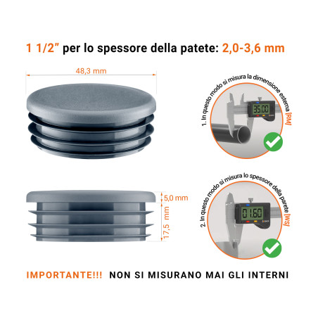 Tappo rotondo in plastica colore Antracite, Tappo di chiusura Antracite per tubo rotondo da 1 1/2" con dimensioni tecniche e guida alla misurazione corretta del tappo di chiusura in plastica.