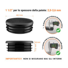 Tappo rotondo in plastica colore Nero, Tappo di chiusura Nero per tubo rotondo da 1 1/2" con dimensioni tecniche e guida alla misurazione corretta del tappo di chiusura in plastica.