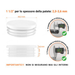 Tappo rotondo in plastica colore Bianco, Tappo di chiusura Bianco per tubo rotondo da 1 1/2" con dimensioni tecniche e guida alla misurazione corretta del tappo di chiusura in plastica.