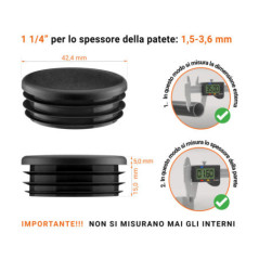 Tappo rotondo in plastica colore Nero, Tappo di chiusura Nero per tubo rotondo da 1 1/4" con dimensioni tecniche e guida alla misurazione corretta del tappo di chiusura in plastica.