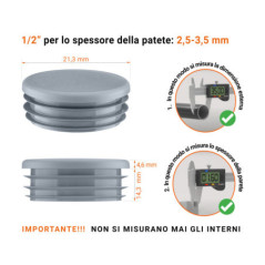 Tappo rotondo in plastica colore Grigio, Tappo di chiusura Grigio per tubo rotondo da 1/2" con dimensioni tecniche e guida alla misurazione corretta del tappo di chiusura in plastica.