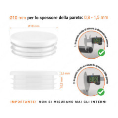 Tappo rotondo in plastica colore Bianco, Tappo di chiusura Bianco per tubo rotondo da 10 con dimensioni tecniche e guida alla misurazione corretta del tappo di chiusura in plastica.