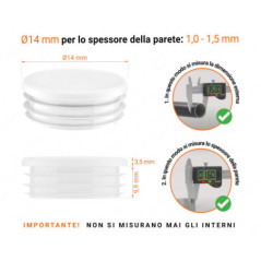 Tappo rotondo in plastica colore Bianco, Tappo di chiusura Bianco per tubo rotondo da 14 con dimensioni tecniche e guida alla misurazione corretta del tappo di chiusura in plastica.