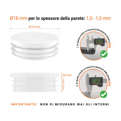 Tappo rotondo in plastica colore Bianco, Tappo di chiusura Bianco per tubo rotondo da 18 con dimensioni tecniche e guida alla misurazione corretta del tappo di chiusura in plastica.