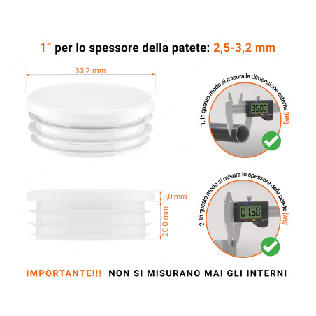 Tappo rotondo in plastica colore Bianco, Tappo di chiusura Bianco per tubo rotondo da 1" con dimensioni tecniche e guida alla misurazione corretta del tappo di chiusura in plastica.