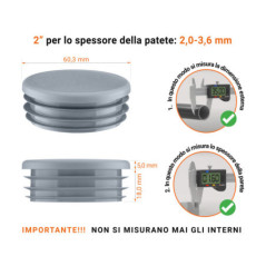 Tappo rotondo in plastica colore Grigio, Tappo di chiusura Grigio per tubo rotondo da 2" con dimensioni tecniche e guida alla misurazione corretta del tappo di chiusura in plastica.