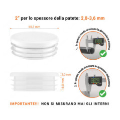 Tappo rotondo in plastica colore Bianco, Tappo di chiusura Bianco per tubo rotondo da 2" con dimensioni tecniche e guida alla misurazione corretta del tappo di chiusura in plastica.