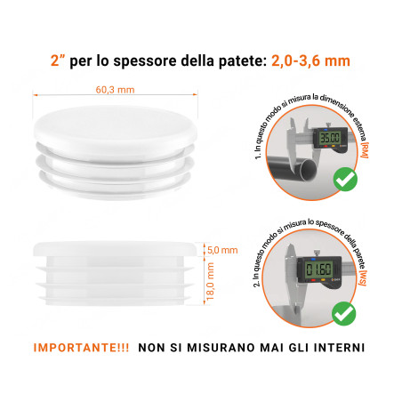 Tappo rotondo in plastica colore Bianco, Tappo di chiusura Bianco per tubo rotondo da 2" con dimensioni tecniche e guida alla misurazione corretta del tappo di chiusura in plastica.