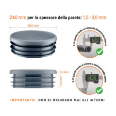 Tappo rotondo in plastica colore Antracite, Tappo di chiusura Antracite per tubo rotondo da 60 con dimensioni tecniche e guida alla misurazione corretta del tappo di chiusura in plastica.