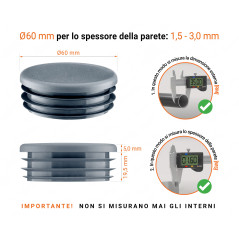 Tappo rotondo in plastica colore Antracite, Tappo di chiusura Antracite per tubo rotondo da 60 con dimensioni tecniche e guida alla misurazione corretta del tappo di chiusura in plastica.