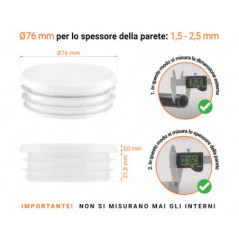 Tappo rotondo in plastica colore Bianco, Tappo di chiusura Bianco per tubo rotondo da 76 con dimensioni tecniche e guida alla misurazione corretta del tappo di chiusura in plastica.