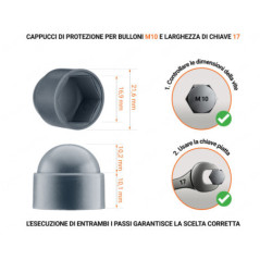 Cappuccio in plastica per vite M10, cappuccio per dado M10 e chiave da 17 in colore Antracite con dimensioni e guida per la corretta misurazione del cappuccio per vite in plastica.