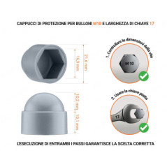 Cappuccio in plastica per vite M10, cappuccio per dado M10 e chiave da 17 in colore Grigio con dimensioni e guida per la corretta misurazione del cappuccio per vite in plastica.