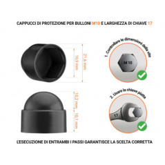 Cappuccio in plastica per vite M10, cappuccio per dado M10 e chiave da 17 in colore Nero con dimensioni e guida per la corretta misurazione del cappuccio per vite in plastica.