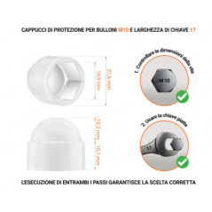 Cappuccio in plastica per vite M10, cappuccio per dado M10 e chiave da 17 in colore Bianco con dimensioni e guida per la corretta misurazione del cappuccio per vite in plastica.