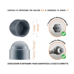 Cappuccio in plastica per vite M12, cappuccio per dado M12 e chiave da 19 in colore Antracite con dimensioni e guida per la corretta misurazione del cappuccio per vite in plastica.