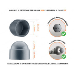 Cappuccio in plastica per vite M14, cappuccio per dado M14 e chiave da 22 in colore Antracite con dimensioni e guida per la corretta misurazione del cappuccio per vite in plastica.