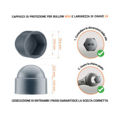 Cappuccio in plastica per vite M16, cappuccio per dado M16 e chiave da 24 in colore Antracite con dimensioni e guida per la corretta misurazione del cappuccio per vite in plastica.