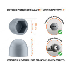 Cappuccio in plastica per vite M18, cappuccio per dado M18 e chiave da 27 in colore Grigio con dimensioni e guida per la corretta misurazione del cappuccio per vite in plastica.