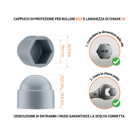 Cappucci protettivi per bulloni M20 chiave di misura 30 Grigio 100 pezzi Cappuccio in plastica per vite M20, cappuccio per dado M20 e chiave da 30 in colore Grigio con dimensioni e guida per la corretta misurazione del cappuccio per vite in plastica.