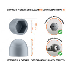 Cappuccio in plastica per vite M22, cappuccio per dado M22 e chiave da 32 in colore Grigio con dimensioni e guida per la corretta misurazione del cappuccio per vite in plastica.