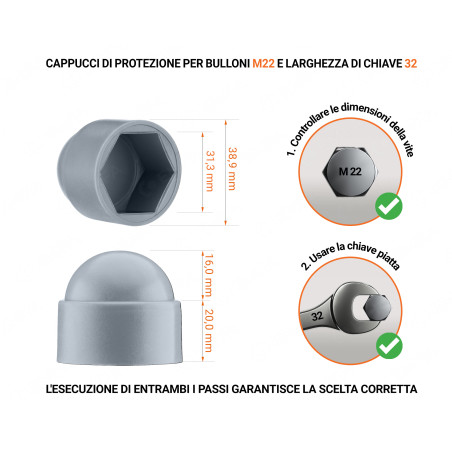 Cappucci protettivi per bulloni M22 chiave di misura 32 Grigio 100 pezzi Cappuccio in plastica per vite M22, cappuccio per dado M22 e chiave da 32 in colore Grigio con dimensioni e guida per la corretta misurazione del cappuccio per vite in plastica.