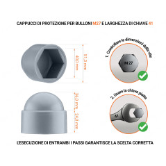 Cappuccio in plastica per vite M27, cappuccio per dado M27 e chiave da 41 in colore Grigio con dimensioni e guida per la corretta misurazione del cappuccio per vite in plastica.