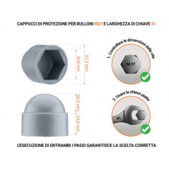 Cappuccio in plastica per vite M27, cappuccio per dado M27 e chiave da 41 in colore Grigio con dimensioni e guida per la corretta misurazione del cappuccio per vite in plastica.