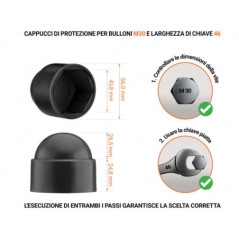 Cappuccio in plastica per vite M30, cappuccio per dado M30 e chiave da 46 in colore Nero con dimensioni e guida per la corretta misurazione del cappuccio per vite in plastica.