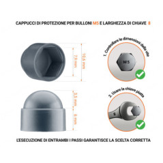 Cappuccio in plastica per vite M5, cappuccio per dado M5 e chiave da 8 in colore Antracite con dimensioni e guida per la corretta misurazione del cappuccio per vite in plastica.