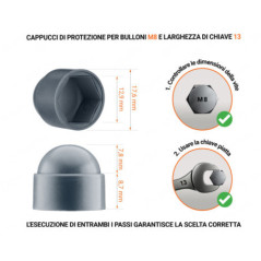 Cappuccio in plastica per vite M8, cappuccio per dado M8 e chiave da 13 in colore Antracite con dimensioni e guida per la corretta misurazione del cappuccio per vite in plastica.