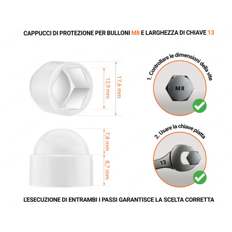 Cappucci protettivi per bulloni M8 chiave di misura 13 Bianco 100 pezzi Cappuccio in plastica per vite M8, cappuccio per dado M8 e chiave da 13 in colore Bianco con dimensioni e guida per la corretta misurazione del cappuccio per vite in plastica.