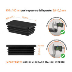 Inserto rettangolare colore Nero per tubo 100x150 mm con dimensioni tecniche e guida per la corretta misurazione dei tappi di chiusura.