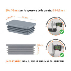 Inserto rettangolare colore Grigio per tubo 10x20 mm con dimensioni tecniche e guida per la corretta misurazione dei tappi di chiusura.