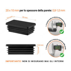 Inserto rettangolare colore Nero per tubo 10x20 mm con dimensioni tecniche e guida per la corretta misurazione dei tappi di chiusura.