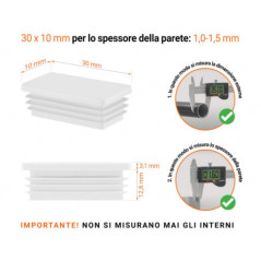 Inserto rettangolare colore Bianco per tubo 10x30 mm con dimensioni tecniche e guida per la corretta misurazione dei tappi di chiusura.