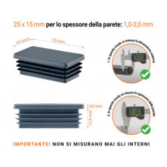 Inserto rettangolare colore Antracite per tubo 15x25 mm con dimensioni tecniche e guida per la corretta misurazione dei tappi di chiusura.