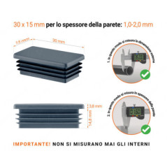 Inserto rettangolare colore Antracite per tubo 15x30 mm con dimensioni tecniche e guida per la corretta misurazione dei tappi di chiusura.