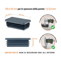 Inserto rettangolare colore Antracite per tubo 20x100 mm con dimensioni tecniche e guida per la corretta misurazione dei tappi di chiusura.