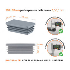 Inserto rettangolare colore Grigio per tubo 20x100 mm con dimensioni tecniche e guida per la corretta misurazione dei tappi di chiusura.