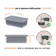 Inserto rettangolare colore Grigio per tubo 20x50 mm con dimensioni tecniche e guida per la corretta misurazione dei tappi di chiusura.