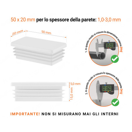 Inserto rettangolare colore Bianco per tubo 20x50 mm con dimensioni tecniche e guida per la corretta misurazione dei tappi di chiusura.