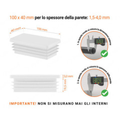 Inserto rettangolare colore Bianco per tubo 40x100 mm con dimensioni tecniche e guida per la corretta misurazione dei tappi di chiusura.