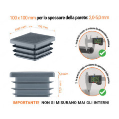 Tappo di chiusura in plastica colore Antracite per tubi quadrati nella misura di 100x100 mm con dimensioni tecniche e istruzioni per la misurazione corretta.