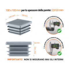 Tappo di chiusura in plastica colore Grigio per tubi quadrati nella misura di 100x100 mm con dimensioni tecniche e istruzioni per la misurazione corretta.