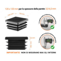 Tappo di chiusura in plastica colore Nero per tubi quadrati nella misura di 120x120 mm con dimensioni tecniche e istruzioni per la misurazione corretta.