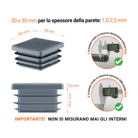 Tappo quadrato con lamelle 30x30 mm Antracite 10 pezzi Tappo di chiusura in plastica colore Antracite per tubi quadrati nella misura di 30x30 mm con dimensioni tecniche e istruzioni per la misurazione corretta.