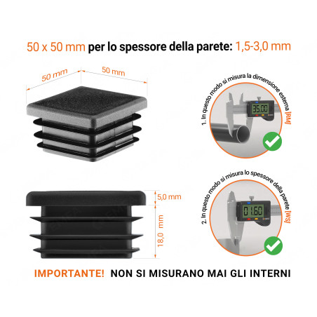 Tappo quadrato con lamelle 50x50 mm Nero 10 pezzi Tappo di chiusura in plastica colore Nero per tubi quadrati nella misura di 50x50 mm con dimensioni tecniche e istruzioni per la misurazione corretta.